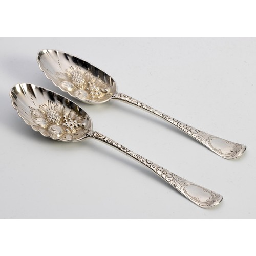 1012 - A PAIR OF GEORGE II SILVER OLD ENGLISH PATTERN BERRY SPOONS, EBENEZER COKER, LONDON, 1758