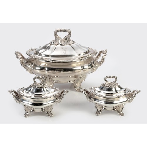 1136 - AN OLD SHEFFIELD ELECTROPLATED SOUP TUREEN AND A PAIR OF SAUCE TUREENS