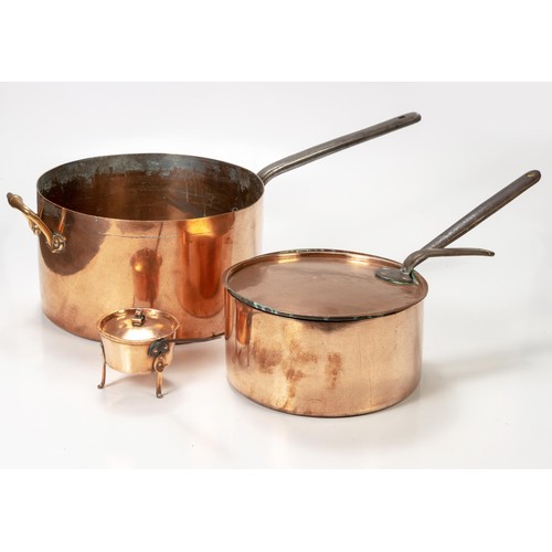 953 - THREE COPPER SAUCEPANS