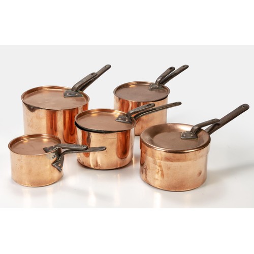 951 - A SET OF FIVE COPPER SAUCEPANS