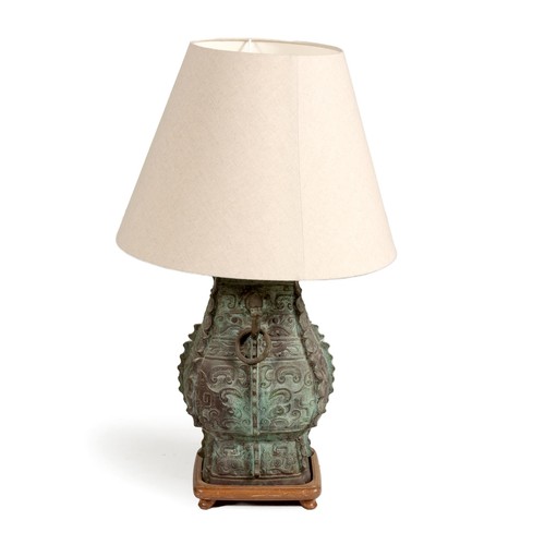 954 - A VERDIGRIS BRONZE TABLE LAMP