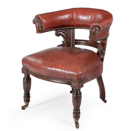 101 - A VICTORIAN MAHOGANY AND LEATHER UPHOLSTERED TUB ARMCHAIR