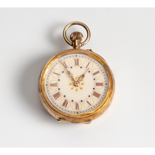 162 - AN ENAMELLED 9CT GOLD OPEN-FACED POCKET WATCH