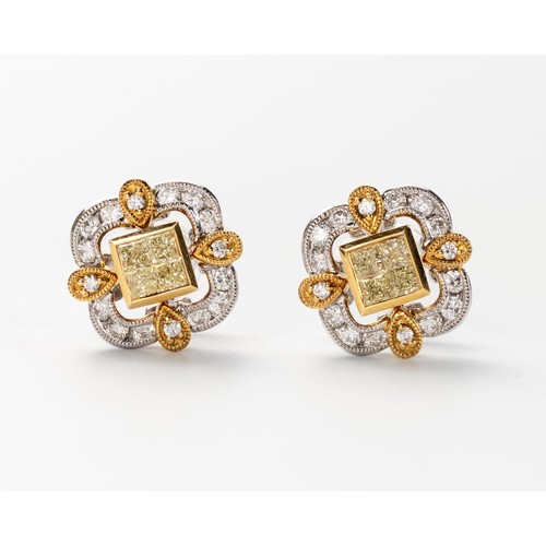 558 - A PAIR OF YELLOW AND WHITE DIAMOND EARRINGS, BROWNS