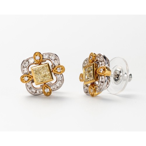 558 - A PAIR OF YELLOW AND WHITE DIAMOND EARRINGS, BROWNS