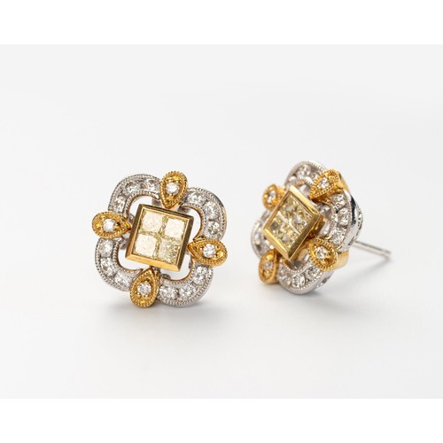 558 - A PAIR OF YELLOW AND WHITE DIAMOND EARRINGS, BROWNS