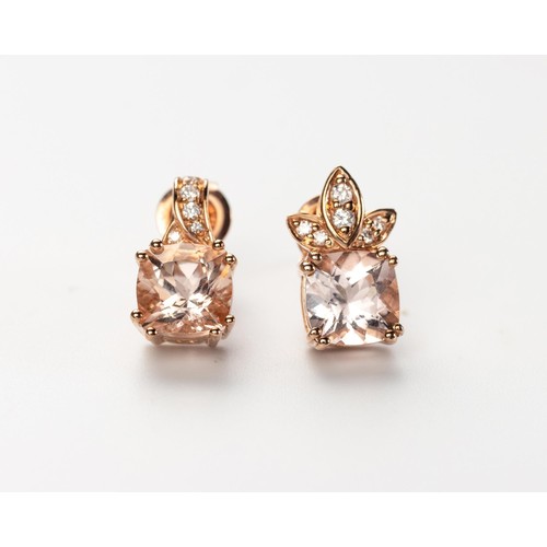 585 - A PAIR OF MORGANITE AND DIAMOND EARRINGS