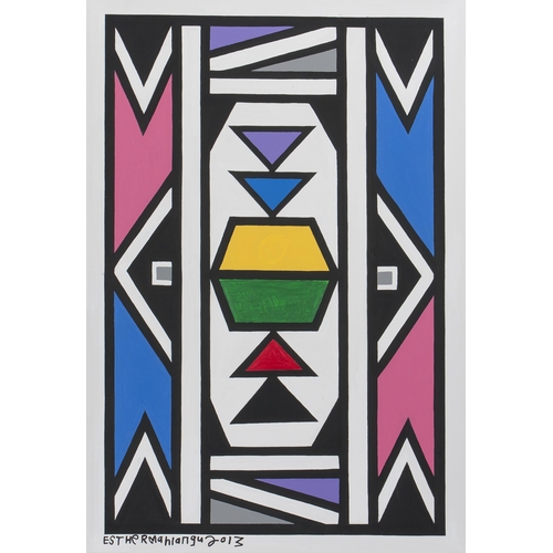 875 - Esther Mahlangu (South African 1935 - ) NDEBELE PATTERN WITH BLUE AND PINK