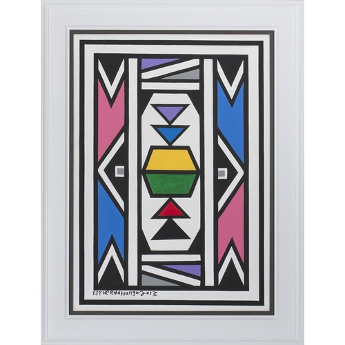 875 - Esther Mahlangu (South African 1935 - ) NDEBELE PATTERN WITH BLUE AND PINK