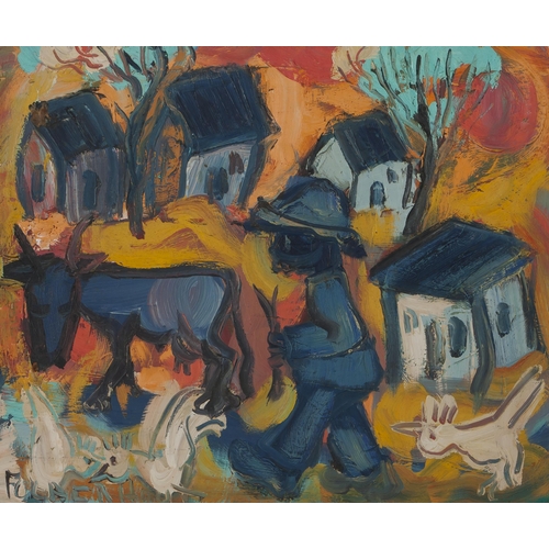 848 - Frans Martin Claerhout (South African 1919 - 2006) FIGURE, COW AND CHICKENS ON THE FARM