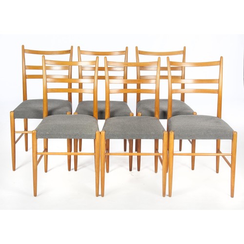 774 - A SET OF SIX BLONDE WOOD DINING CHAIRS.