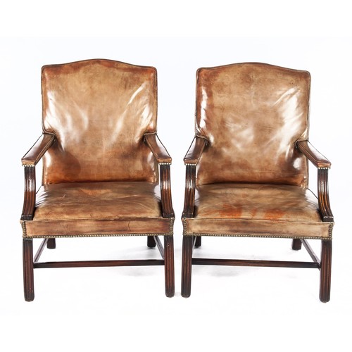 554 - A PAIR OF GAINSBOROUGH-STYLE LEATHER-UPHOLSTERED MAHOGANY ARMCHAIRS.