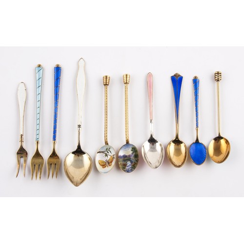 189 - MISCELLANEOUS GROUP OF SEVEN ENAMELLED SILVER-GILT COFFEE SPOONS AND THREE FORKS