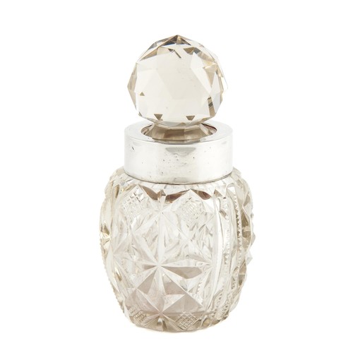 196 - CUT-GLASS DRESSING TABLE BOTTLE WITH PLATED COLLAR