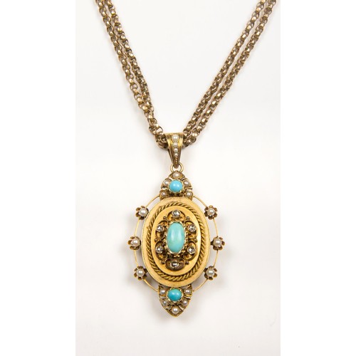 1053 - A VICTORIAN DIAMOND, PEARL AND TURQUOISE PENDANT