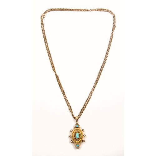 1053 - A VICTORIAN DIAMOND, PEARL AND TURQUOISE PENDANT