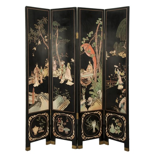 740 - A CHINESE BLACK LACQUERED FOUR-LEAF SCREEN, MID 20TH CENTURY