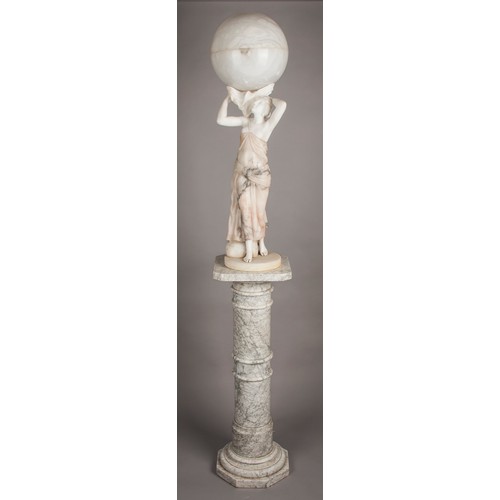 414 - A LARGE MARBLE AND ALABASTER FIGURAL GLOBE LAMP AND PLINTH, EARLY 20TH CENTURY