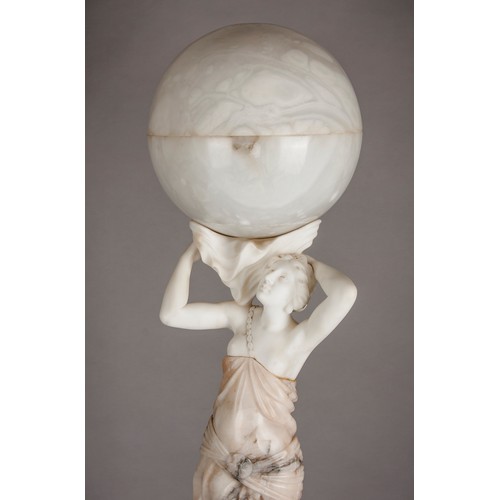 414 - A LARGE MARBLE AND ALABASTER FIGURAL GLOBE LAMP AND PLINTH, EARLY 20TH CENTURY