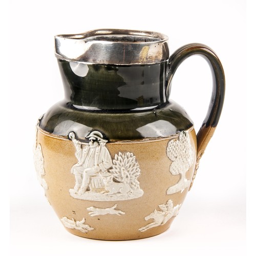 436 - A ROYAL DOULTON SALT GLAZE JUG WITH SILVER RIM, EARLY 20TH CENTURY