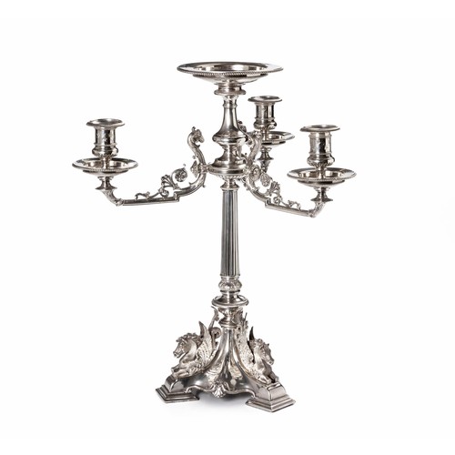 975 - A VICTORIAN ELECTROPLATE THREE LIGHT CANDELABRA CENTREPIECE