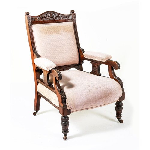 253 - A MAHOGANY AND UPHOLSTERED ARMCHAIR, LATE 19TH CENTURY