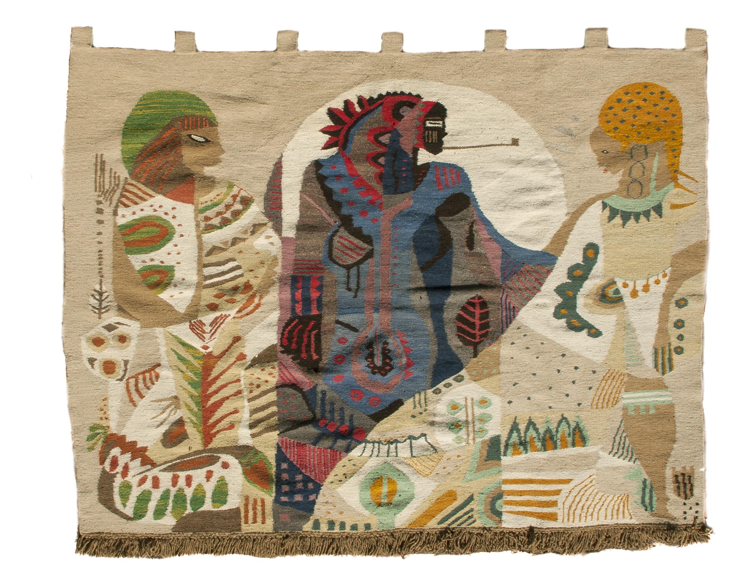 A MASANA TAPESTRY: 'CHIEF MOKOENA AND HIS TWO WIVES'