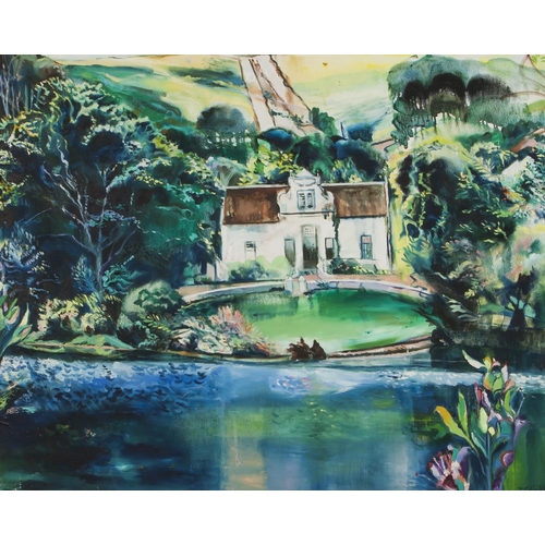 282 - Terry Ann Kalinko (South African 20th Century) VIEW OF CAPE DUTCH HOUSE FROM POND