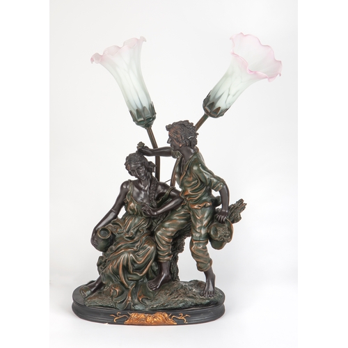 259 - A SPELTER FIGURAL TWO-LIGHT LAMP BASE, EARLY 20TH CENTURY