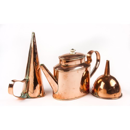 90 - A COPPER ALE WARMER, FUNNEL AND CONTAINER WITH COVER