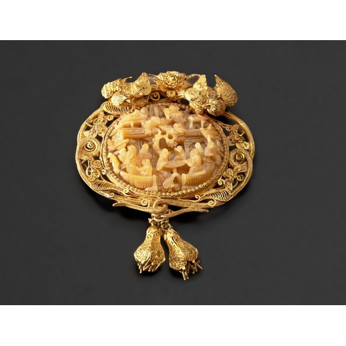 1087 - A CHINESE GOLD FILIGREE AND HORNBILL BROOCH, LEE CHING MARKS, QING DYNASTY, 19TH CENTURY