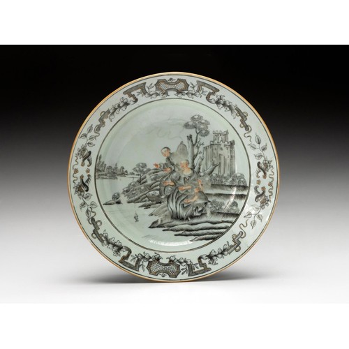 1079 - A CHINESE ET GRISAILLE EUROPEAN MARKET PLATE, QING DYNASTY, QINALONG 1736 - 1795