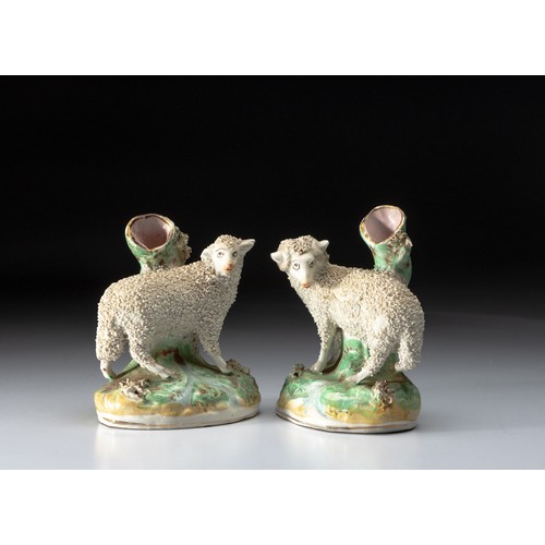 1021 - A PAIR OF STAFFORDSHIRE 'SHEEP' SPILL VASES, LATE 19TH/EARLY 20TH CENTURY