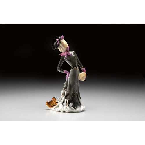 1027 - A LENCI FIGURINE OF A LADY AND A SMALL DOG, EARLY 20TH CENTURY