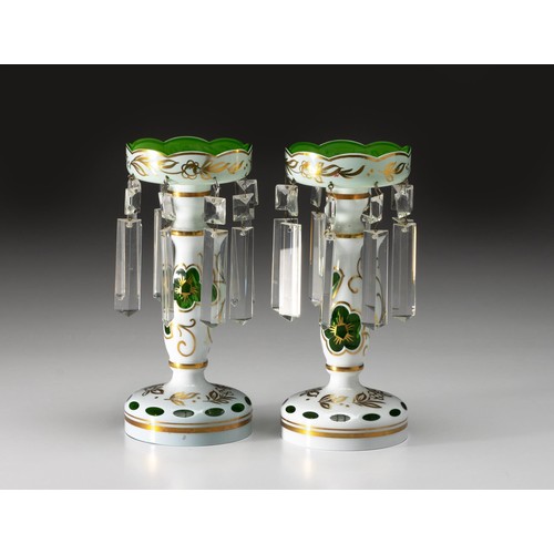 1041 - A PAIR OF BOHEMIAN WHITE-TO-EMERALD GLASS LUSTRES, EARLY 20TH CENTURY