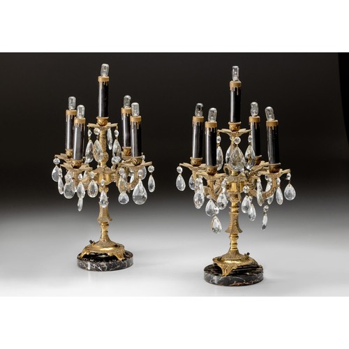 1058 - A PAIR OF FRENCH GILT-METAL FIVE-LIGHT LUSTRE TABLE LAMPS, EARLY 20TH CENTURY