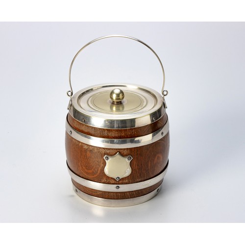 1005 - A WOODEN AND SILVER-PLATE MOUNTED ICE BUCKET, DANIEL AND ARTER, BIRMINGHAM, 20TH CENTURY