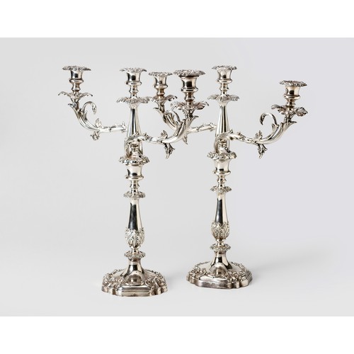 987 - A PAIR OF ELECTROPLATE THREE LIGHT CANDELABRA