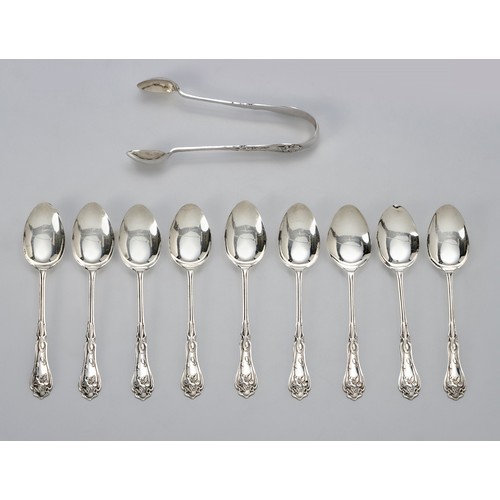 903 - NINE GEORGE V SILVER TREFID PATTERN TEASPOONS AND A PAIR OF SUGAR NIPS, A J BAILEY, BIRMINGHAM, 1913