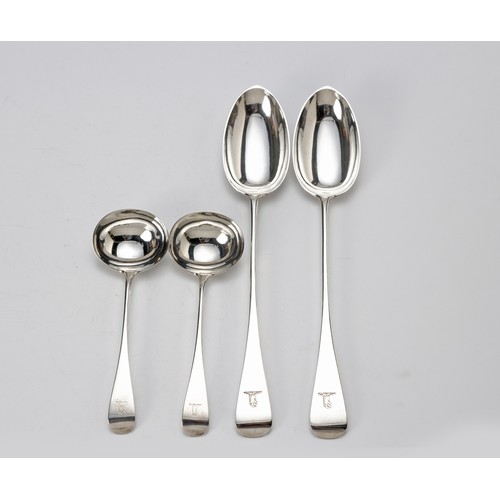 862 - A PAIR OF VICTORIAN SILVER OLD ENGLISH SERVING SPOONS AND SAUCE LADLES, LONDON, 1892