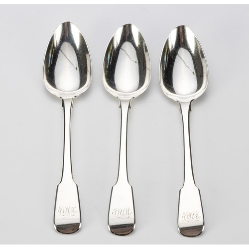 844 - THREE GEORGE IV SILVER FIDDLE PATTERN TABLESPOONS, WILLIAM BATEMAN, LONDON, 1825