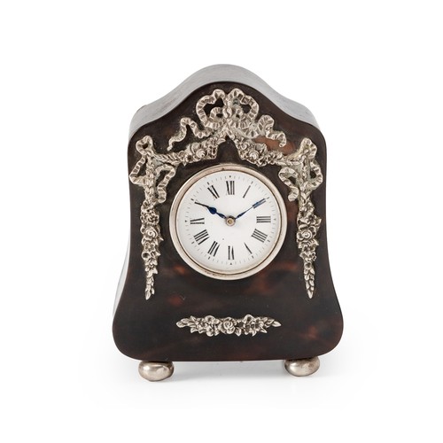 118 - A TORTOISESHELL AND SILVER MOUNTED TIMEPIECE, LONDON, 1906