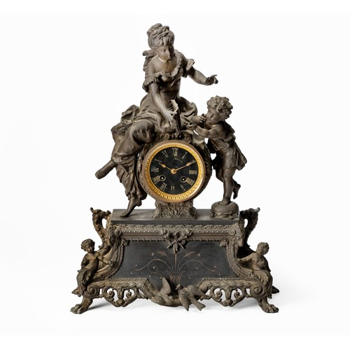 52 - A SPELTER MANTEL CLOCK, 19TH CENTURY