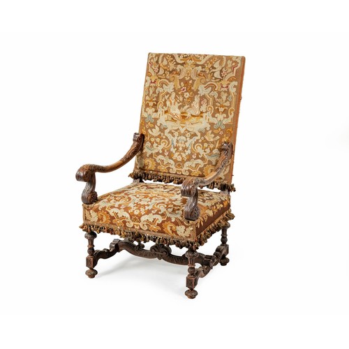 181 - AN OAK AND UPHOLSTERED WILLIAM AND MARY STYLE THRONE ARMCHAIR