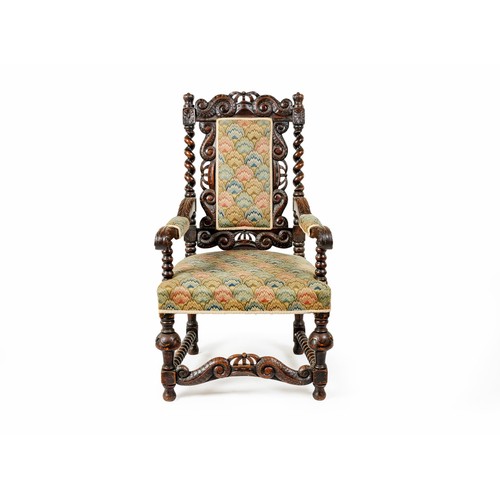 182 - AN OAK AND UPHOLSTERED WILLIAM AND MARY STYLE THRONE ARMCHAIR