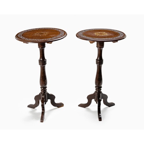 259 - A PAIR OF MAHOGANY AND BRASS-INLAID TRIPOD TABLES