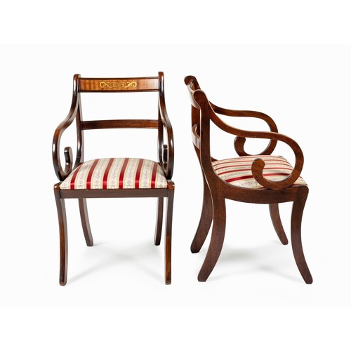 218 - A PAIR OF REGENCY MAHOGANY AND BRASS-INLAID ARMCHAIRS