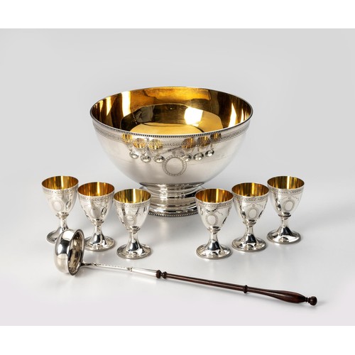 930 - AN ELIZABETH II SILVER PUNCH LADLE, BOWL AND SIX GOBLETS, C J VANDER LTD, LONDON, 1973