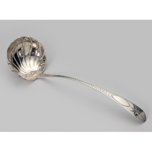 838 - A GEORGE III SILVER BRIGHT-CUT POINTED IRISH OLD ENGLISH PATTERN LADLE, JAMES SCOTT, DUBLIN, 1814