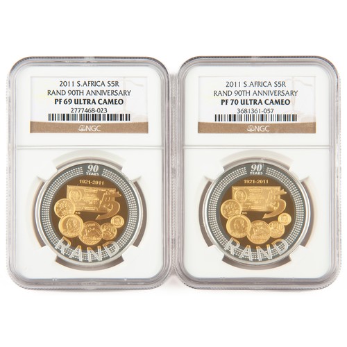 77 - A PAIR OF SOUTH AFRICAN R5 ULTRA CAMEO GRADED COINS